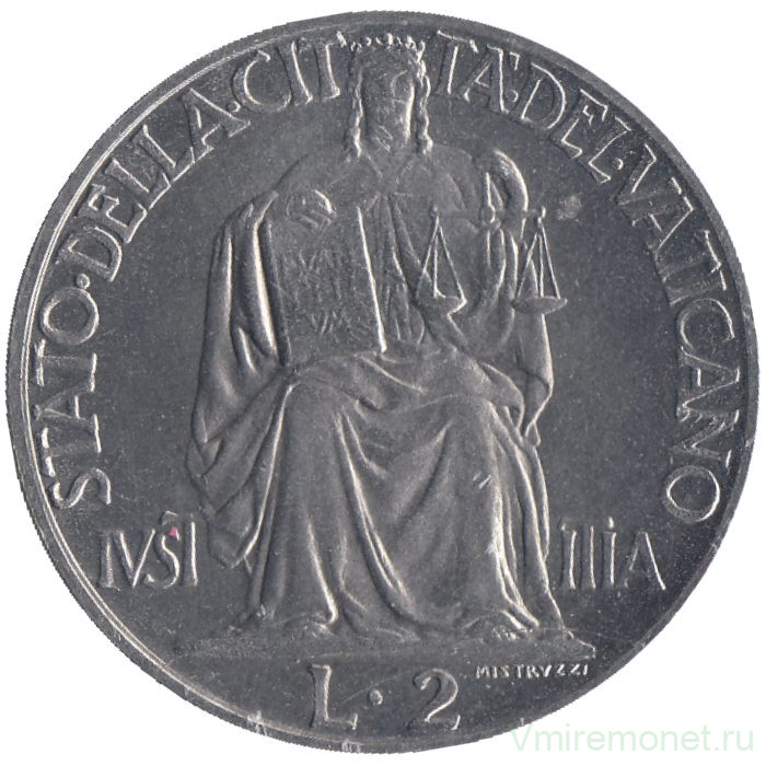 Монета. Ватикан. 2 лиры 1942 год.