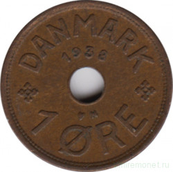 Монета. Дания. 1 эре 1938 год.
