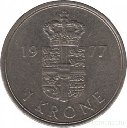 Монета. Дания. 1 крона 1977 год.