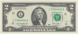 Банкнота. США. 2 доллара 2013 год. Серия L.