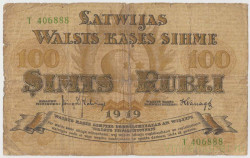 Банкнота. Латвия. 100 рублей 1919 год. Тип 7f.