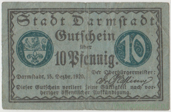 Бона. Нотгельд. Германия. Город Дармштадт. 10 пфеннигов 1920 год.