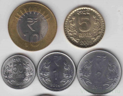 Монета. Индия. Набор 5 монет. 50 пайс, 1, 2, 5 и 10 рупий 2009-1014 года.