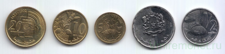 Монета. Марокко. Набор 5 штук. 5, 10, 20 сантимов, 1/2, 1 дирхам 2002-2012 год.