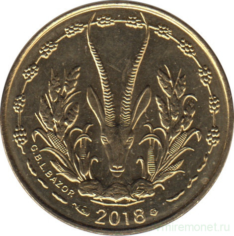 Монета. Западноафриканский экономический и валютный союз (ВСЕАО). 5 франков 2018 год.