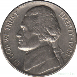 Монета. США. 5 центов 1988 год. Монетный двор D.