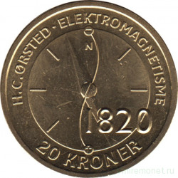 Монета. Дания. 20 крон 2013 год. Датские учёные - Ханс Кристиан Эрстед.