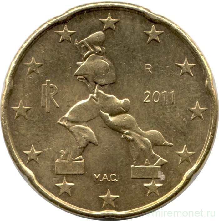 Монета. Италия. 20 центов 2011 год.