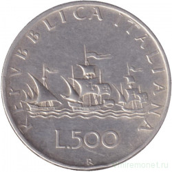 Монета. Италия. 500 лир 1959 год. Корабли Колумба.