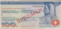 Ценная бумага. Швейцария. Дорожный чек на 100 франков. Образец.
