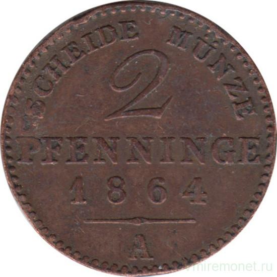 Монета. Пруссия (Германия). 2 пфеннига 1864 год.