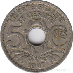 Монета. Франция. 5 сантимов 1917 год. Отверстие в центре.