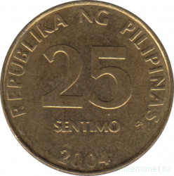 Монета. Филиппины. 25 сентимо 2004 год.