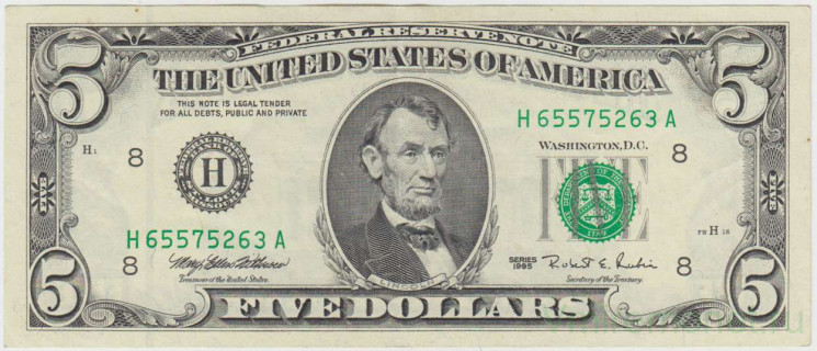 Банкнота. США. 5 долларов 1995 год. Серия H. Тип 498.