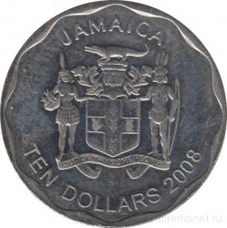 Монета. Ямайка. 10 долларов 2008 год.