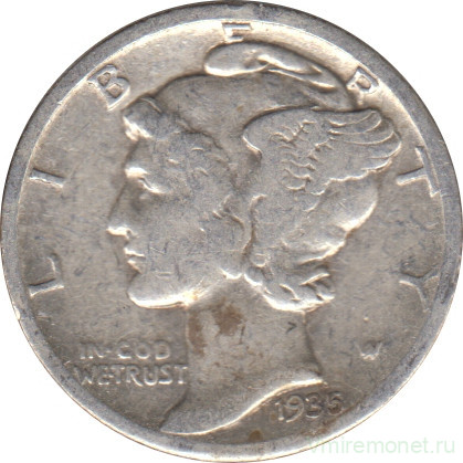 Монета. США. 10 центов 1935 год. Монетный двор S. ав. Монета. США. 10 центов 1935 год. Монетный двор S.