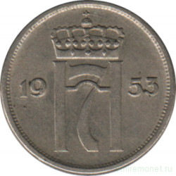Монета. Норвегия. 10 эре 1953 год.