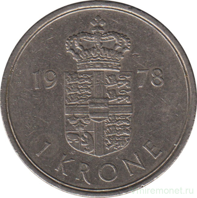 Монета. Дания. 1 крона 1978 год.