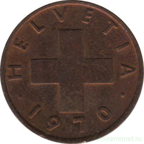 Монета. Швейцария. 2 раппена 1970 год.