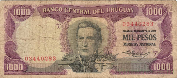 Банкнота. Уругвай. 1000 песо 1967 год. Тип 49а (2).