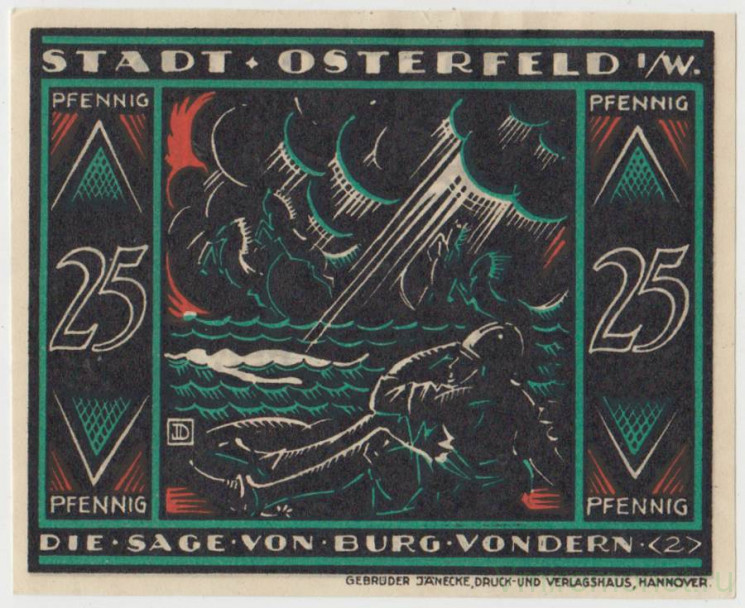 Бона. Нотгельд. Германия. Город Остерфельд. 25 пфеннигов 1921 год. Вариант 1033.2.1.2.