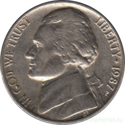 Монета. США. 5 центов 1987 год. Монетный двор P.