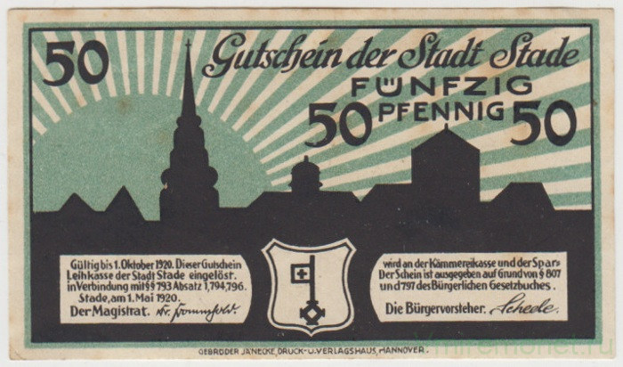 Бона. Нотгельд. Германия. Город Штаде. 50 пфеннигов 1920 год.