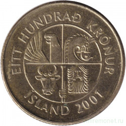 Монета. Исландия. 100 крон 2001 год.