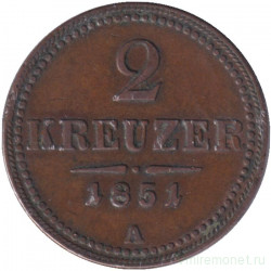 Монета. Австрийская империя. 2 крейцера 1851 год. Монетный двор А.