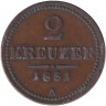 Монета. Австрийская империя. 2 крейцера 1851 год. Монетный двор А.