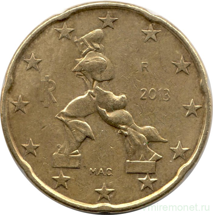 Монета. Италия. 20 центов 2013 год.