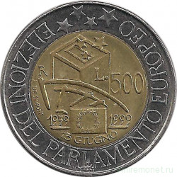 Монета. Италия. 500 лир 1999 год. 20 лет Европейскому парламенту.