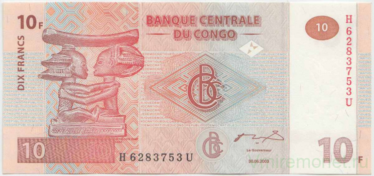 Банкнота. Демократическая Республика Конго. 10 франков 2003 год. (Giesecke & Devrient, Germany). Тип 93.