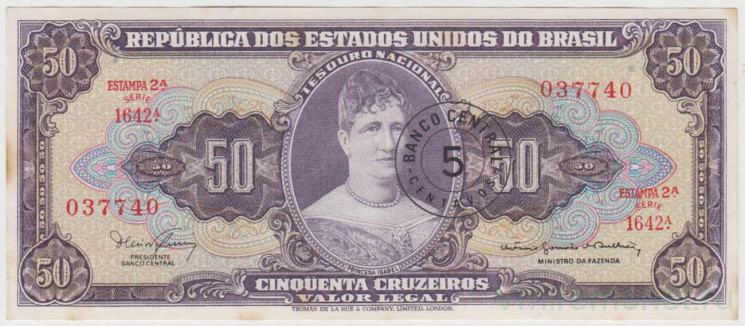 Банкнота. Бразилия. 5 сентаво на 50 крузейро 1966 год. Тип B.