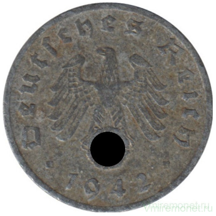 Монета. Германия. Третий Рейх. 1 рейхспфенниг 1942 год. Монетный двор - Штутгарт (F). Монета. Германия. Третий Рейх. 1 рейхспфенниг 1942 год. Монетный двор - Штутгарт (F).