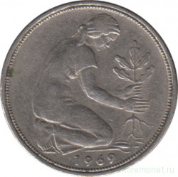 Монета. ФРГ. 50 пфеннигов 1969 год. Монетный двор - Карлсруэ (G).
