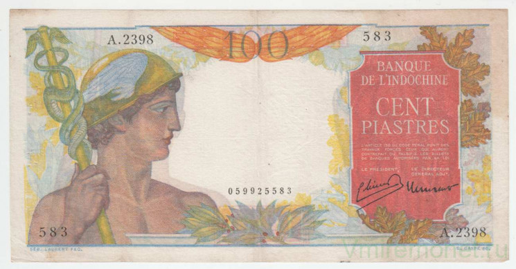 Банкнота. Французский Индокитай. 100 пиастров 1947-1954 год. Тип 82b.