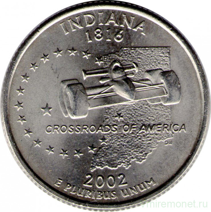 Монета. США. 25 центов 2002 год. Штат № 19 Индиана. Монетный двор D.