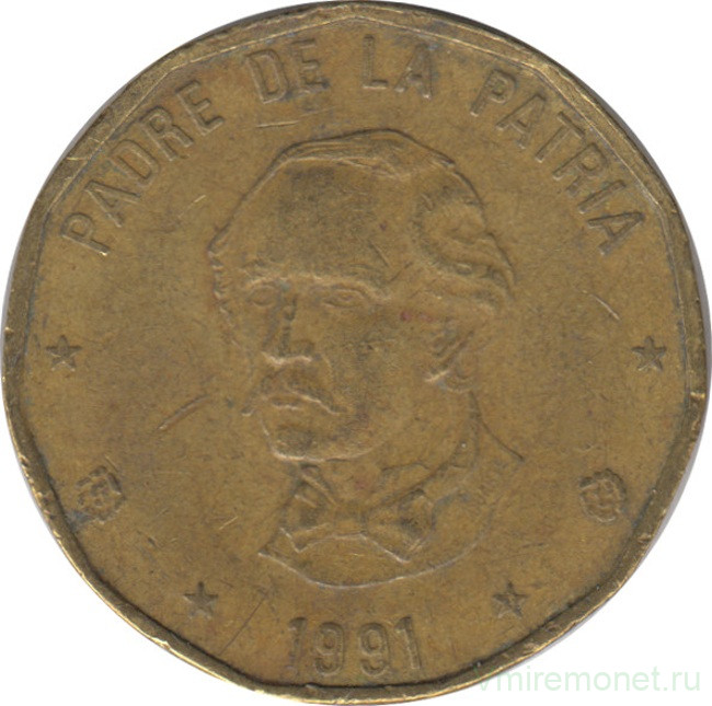 Монета. Доминиканская республика. 1 песо 1991 год.