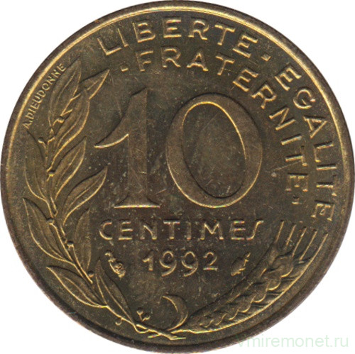 Монета. Франция. 10 сантимов 1992 год.