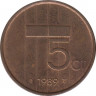 Монета. Нидерланды. 5 центов 1989 год. ав.