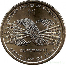 Монета. США. 1 доллар 2010 год. Сакагавея, договор о мире, "стрелы". Монетный двор D.