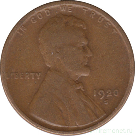 Монета. США. 1 цент 1920 год. Монетный двор S.