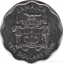 Монета. Ямайка. 10 долларов 2005 год.