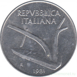 Монета. Италия. 10 лир 1981 год.