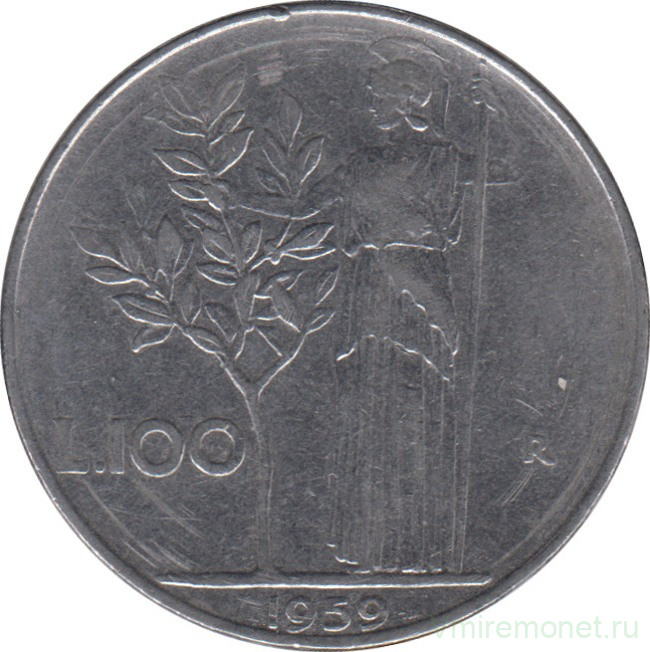 Монета. Италия. 100 лир 1959 год.