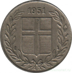 Монета. Исландия. 25 аурар 1951 год.