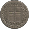 Монета. Исландия. 25 аурар 1951 год. ав.
