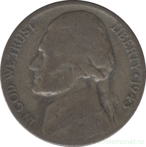 Монета. США. 5 центов 1943 год. Монетный двор D.