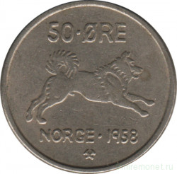 Монета. Норвегия. 50 эре 1958 год.